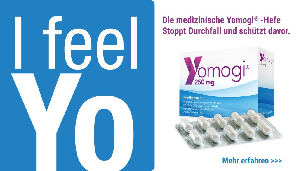 Abbildung einer Yomogi-Packung mit dem Text: Die medizinische Yomogi-Hefe stoppt Durchfall und schützt davor.